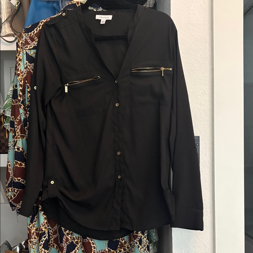 Calvin Klein Black Button Down Shirt with Gold Accents